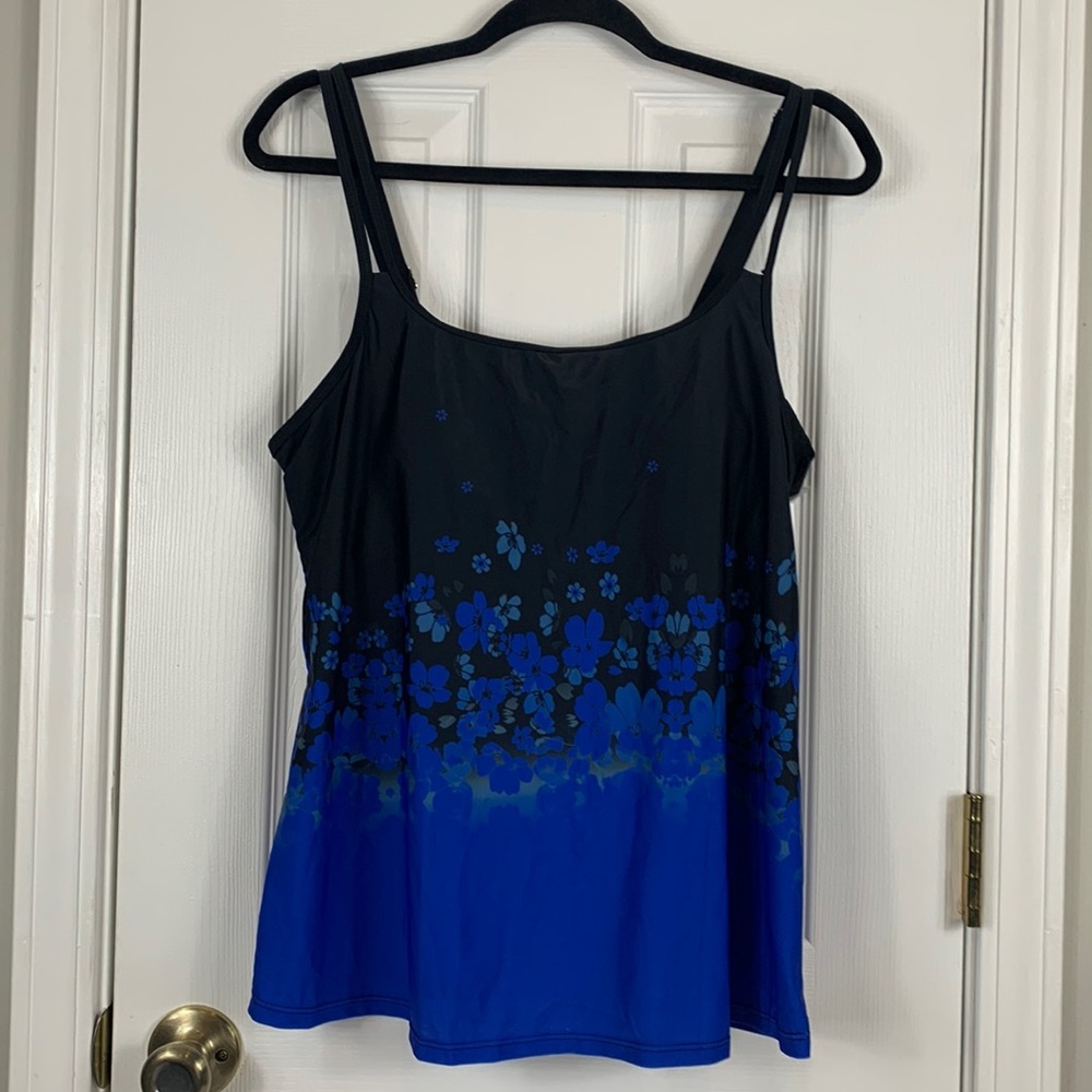 Black and blue tankini size large. Has adjustable straps and built in bra.